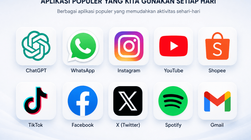 Apa itu aplikasi? Ilustrasi berbagai aplikasi populer seperti ChatGPT, WhatsApp, Instagram, YouTube, dan Shopee