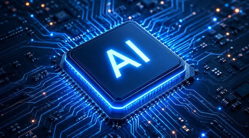 Apa itu AI? Ilustrasi chip kecerdasan buatan pada sirkuit komputer