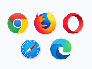 Logo browser Google Chrome, Mozilla Firefox, Opera, Apple Safari, dan Microsoft Edge untuk menjelaskan apa itu browser.