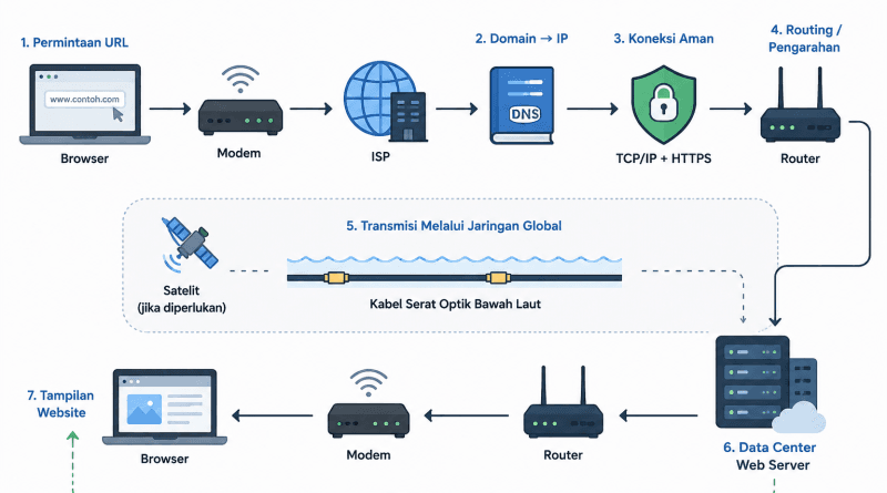 Infografis bagaimana cara kerja internet dari browser, modem, ISP, DNS, router, jaringan global, hingga data center