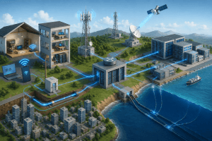 Infrastruktur fisik utama jaringan internet berupa kabel serat optik, menara jaringan, satelit, dan data center