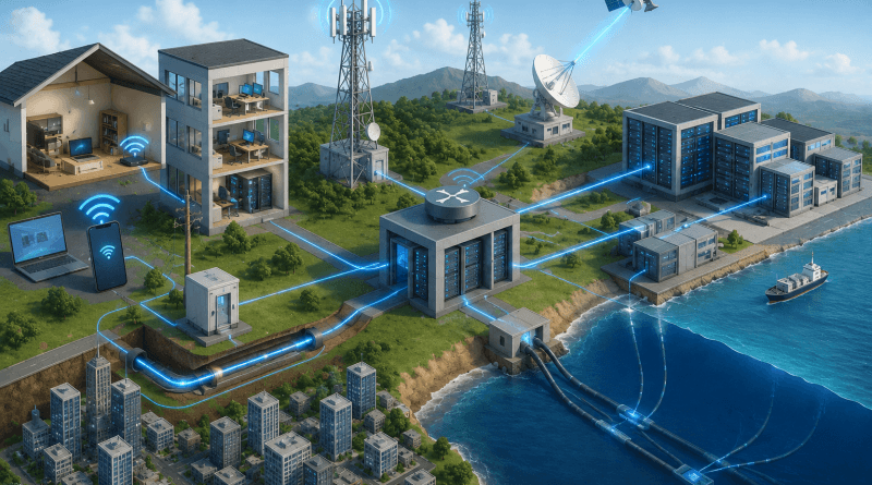 Infrastruktur fisik utama jaringan internet berupa kabel serat optik, menara jaringan, satelit, dan data center